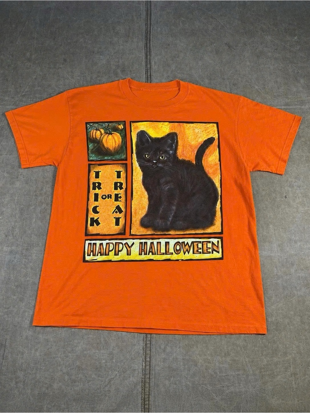 Orange Happy Halloween Black Cat Graphic T-Shirt